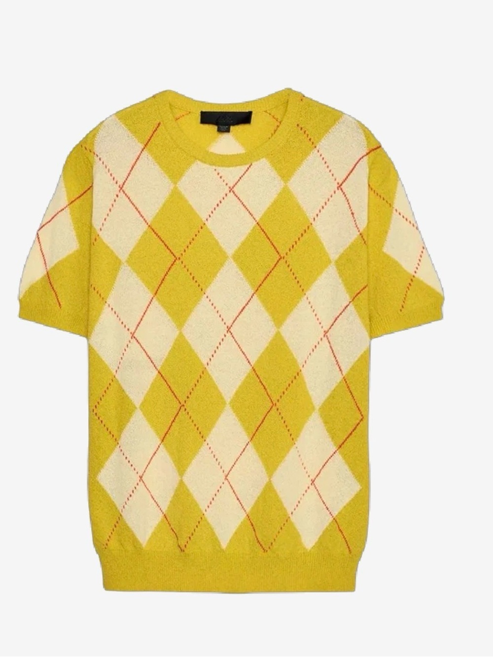 Zara Yellow and Cream Argyle Short-Sleeve Crewneck Sweater